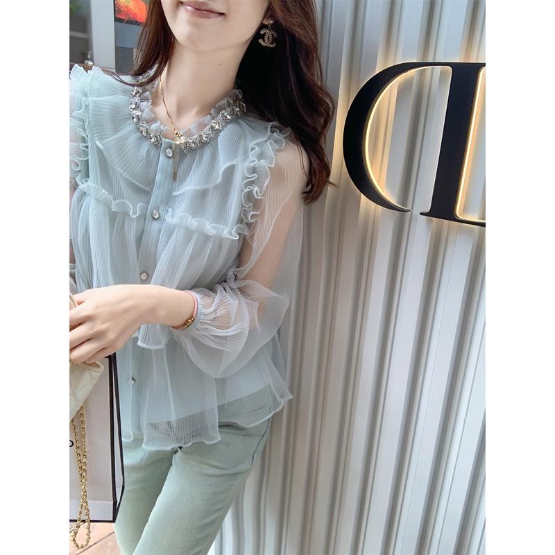 Camicetta da Donna in Chiffon Ruffles e Strass Stile Francese