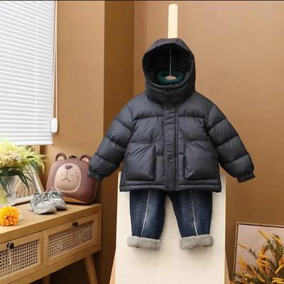 Children's Winter Thickened Windproof Warm Jacket Middle and Small Children Solid Color Hooded Casual Jacket