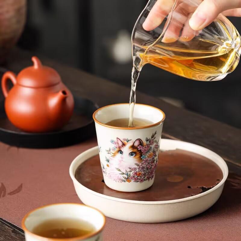 Ru Kiln Persian Cat Teacup Master Cup Single Cup Ceramic Tea Cup Tea Cup Household High-End Tea Cup Small Coke Cup