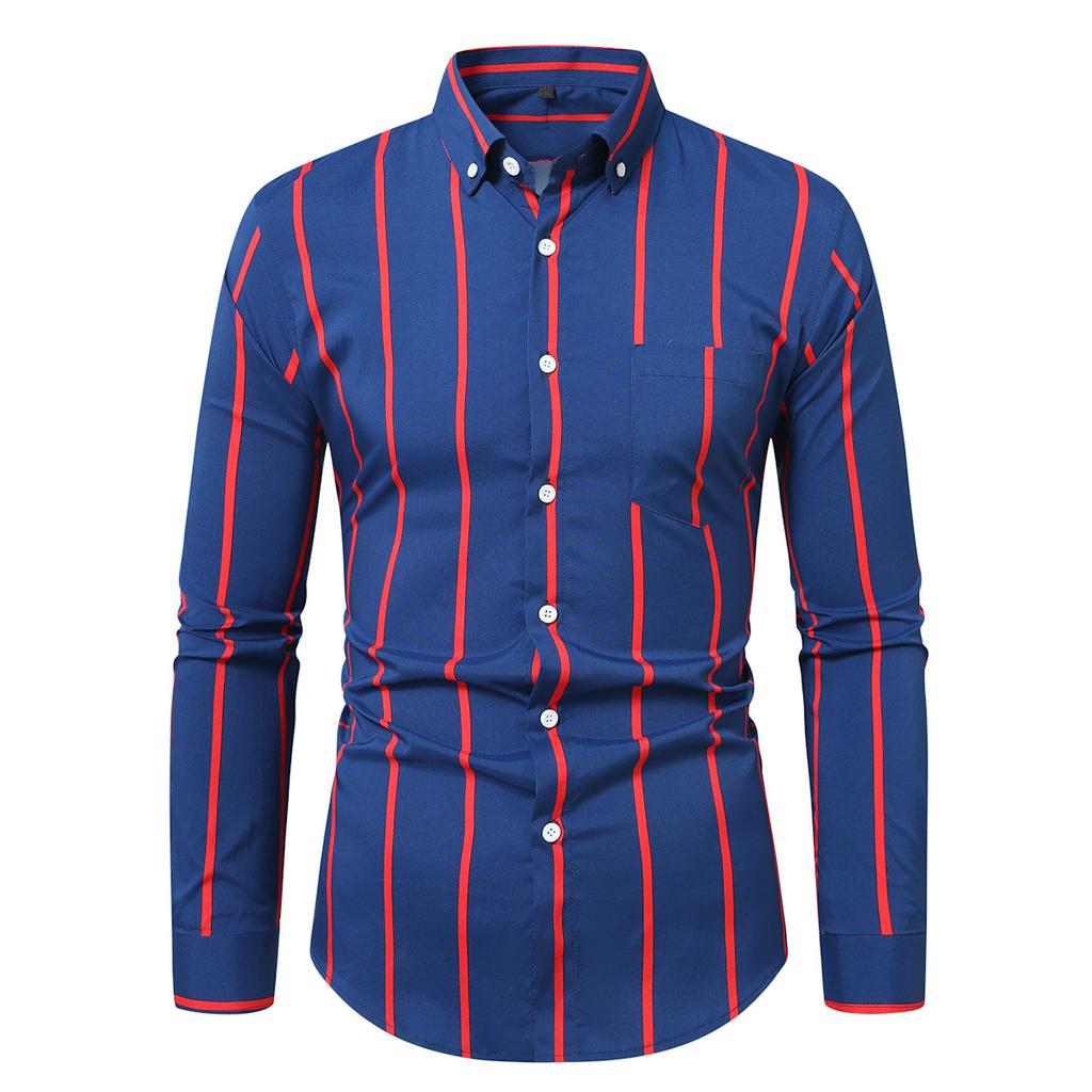 Autumn Men'S Vertical Stripe Long Sleeve Shirt Fashion Multi-Color Button-Neck Business Casual Shirt