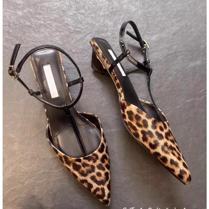 Leopard Print Pointed Toe Office Shoes Designer Shallow Stilettos Ankle Strap Women High Heels Pumps Elegant Low Heels Sandals