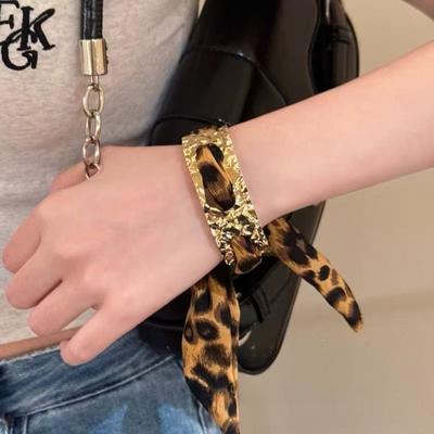 Retro Y2k Gold Color Geometric Liquid Metal Leopard Print Silk Scarf Winding Bracelet for Women Personality Hot Girls Jewelry