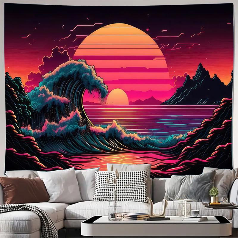 Retro Wave Sunset Ocean Landscape Wall Tapestry Machine Washable All Season Decor Art Print Synthwave Design Home Quick Setup