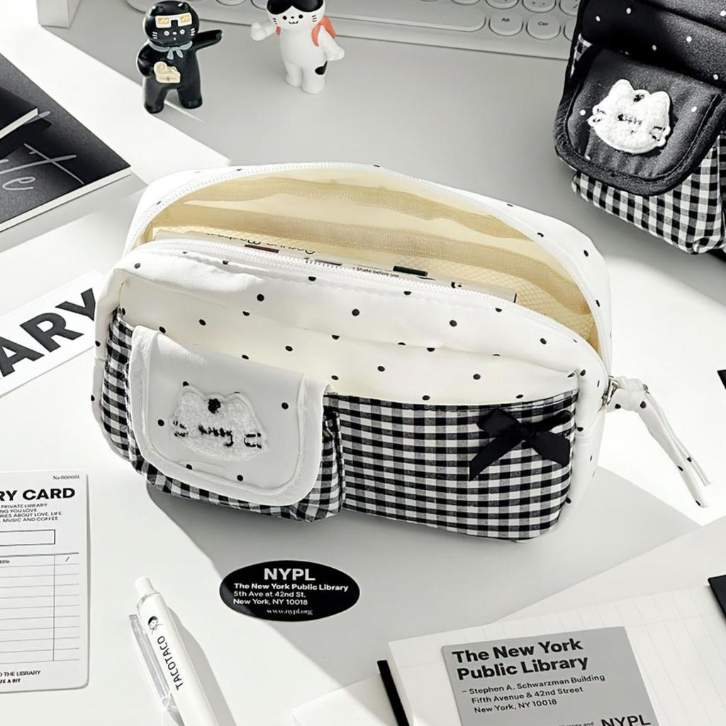 Kawaii Schleife Stern Gitter Federmäppchen Aufbewahrungstasche Tragbar Multifunktional Stifteetui Schreibwaren Organizer Schreibwaren