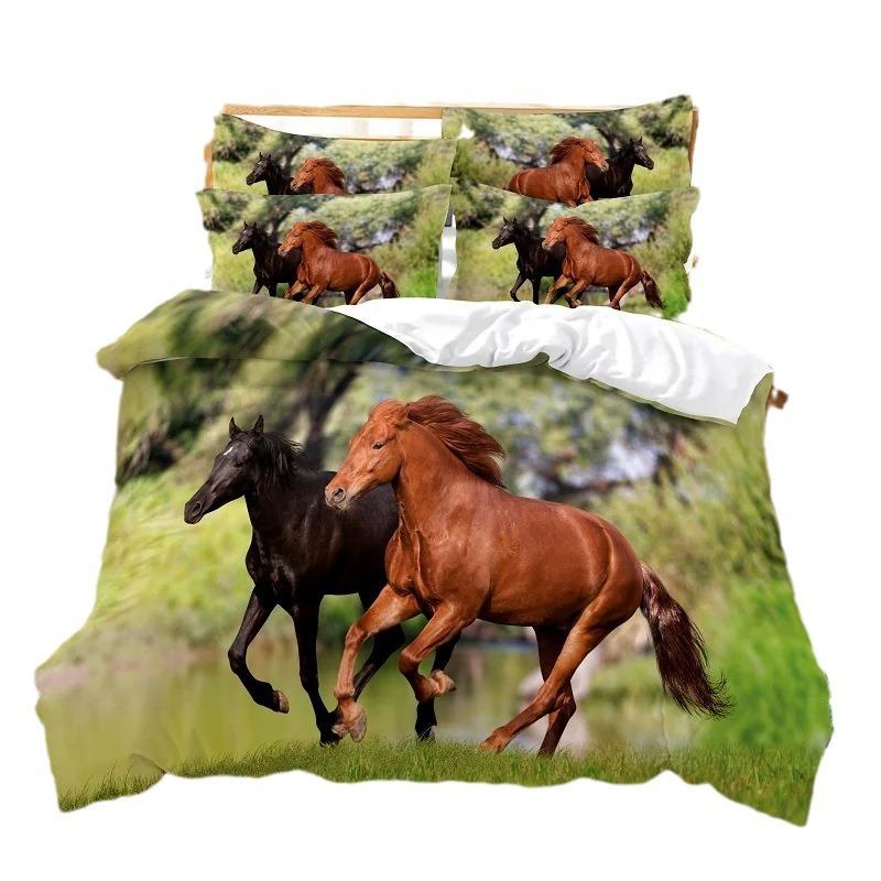 Horse Pattern 3D Digital Printing Three-piece Set, Polished Duvet Set, Animal Single Bedding