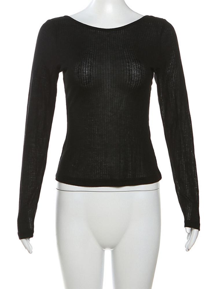 Women Autumn Long-sleeved Slash Neck Crops Tops Elastic Sexy Slim Backless T-Shirts Female New Fashion Lace-up Solid Top Tees