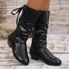 Fashion Fashion White Women's Mid Calf Boots Pleated Design PU Leather Cowboy Boots Woman Lace Up Comfort Low Heels Casual Botas Mujer
