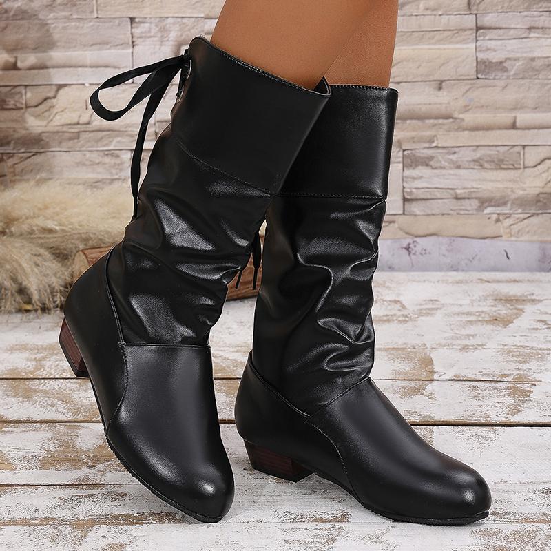 Fashion Fashion White Women's Mid Calf Boots Pleated Design PU Leather Cowboy Boots Woman Lace Up Comfort Low Heels Casual Botas Mujer