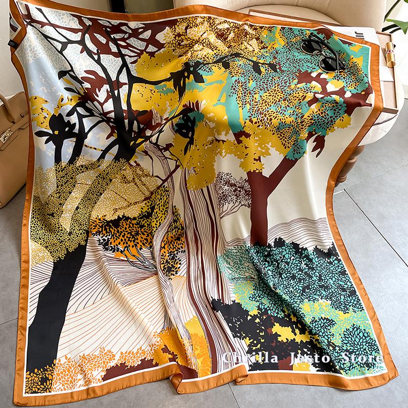 Big Size 110cm Square Floral Printed Women Fashion Imitated Silk Scarf Foulard 45inch Muslim Hijab