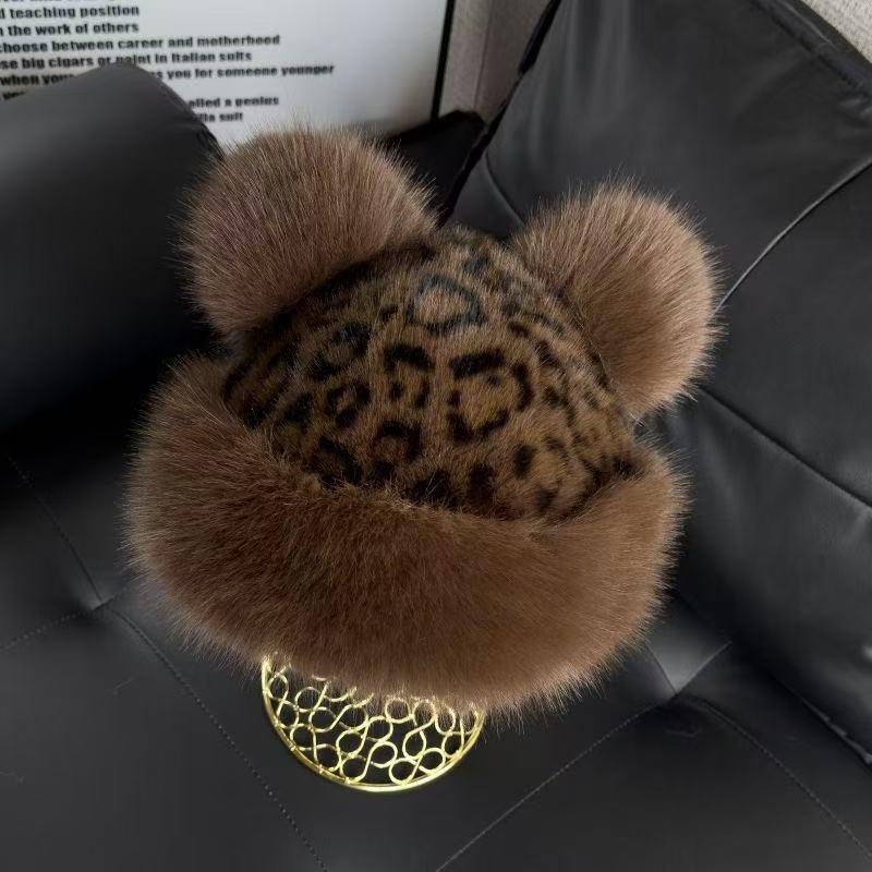 Faux Mink Leopard Print Bear Ear Hat - Autumn/Winter Women's Fashion Staple.