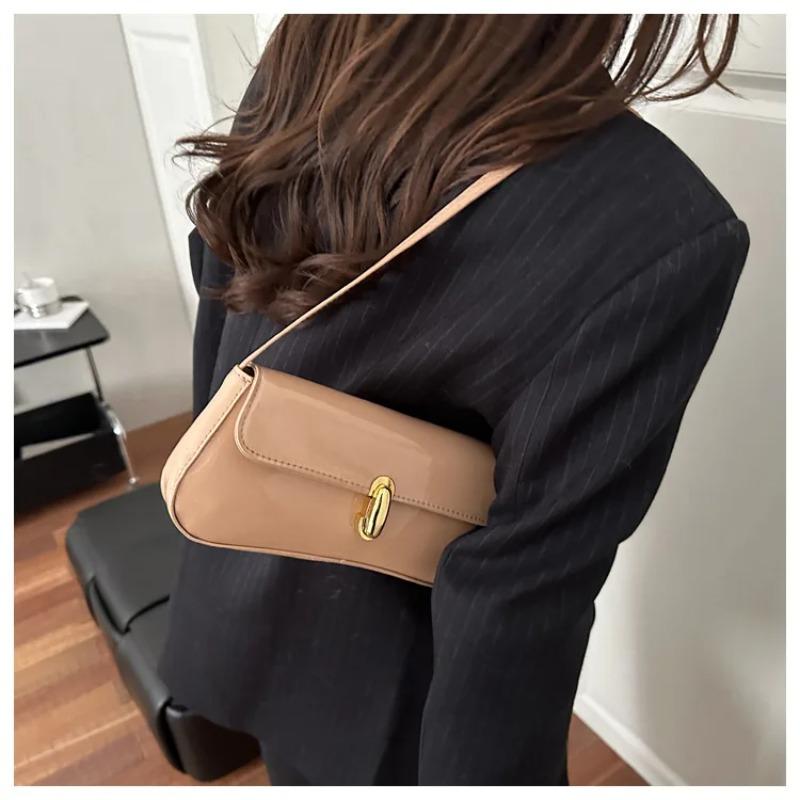 Vintage Glossy Solid Color PU Leather Women's Shoulder Bags Fashi Lock Ladies Underarm Bags Versatile Female Small Square Bag
