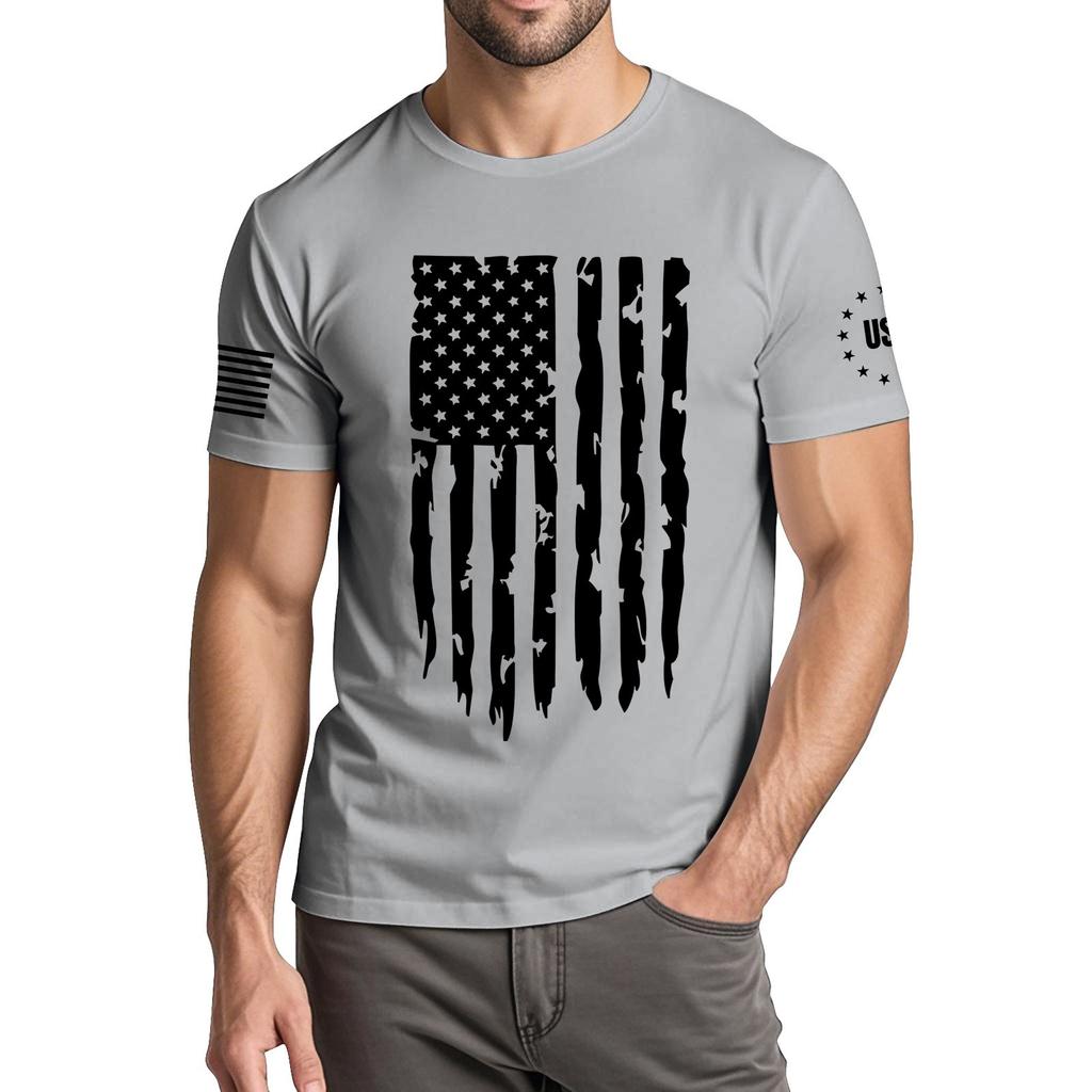 Menns moteriktige avslappede Independence Day trykte t-skjorte med rund hals og korte ermer
