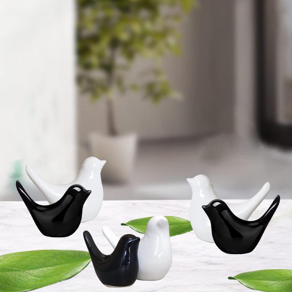 Creative White and Black Glossy Ceramic Birds Figurines Home Decorations Accessories Party (Pack of 6, Black & White)
