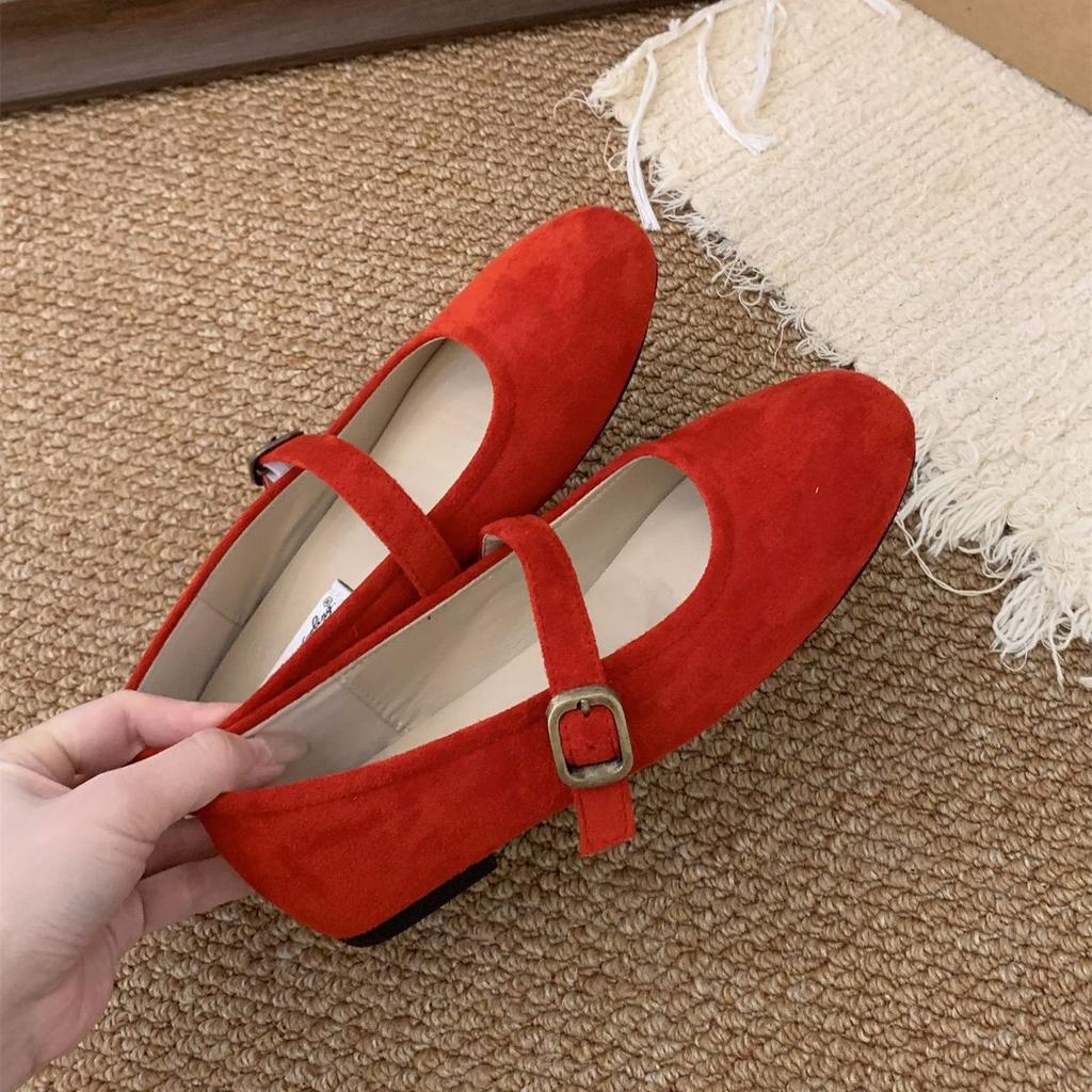 Suding round head retro red shallow mouth single shoes women's 2025 new spring Mori soft flat Mary Jane Doudou shoes