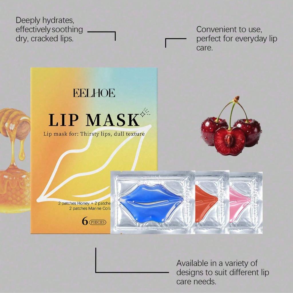 6Pcs Honey/Cherry/Ocean Lip Mask, Moisturizing Lip Mask Patch, Contains Collagen, Soothes Dry Cracke