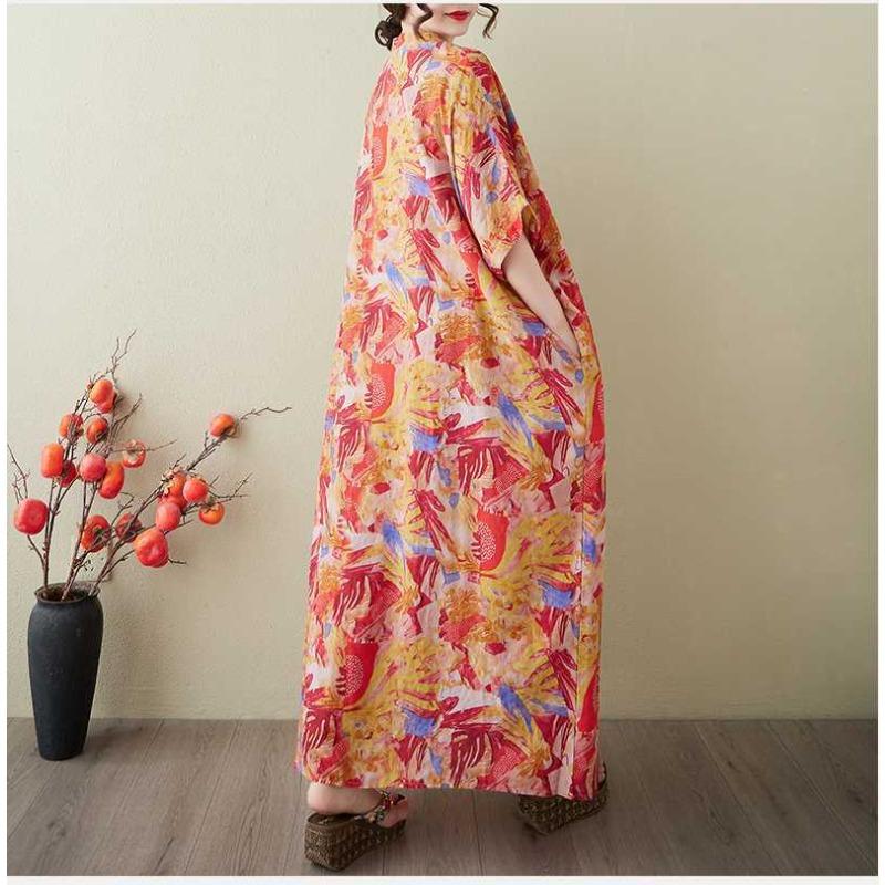 Vestido Largo Vintage para Mujer con Estampados de Algodón y Lino