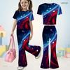 Girls Round Neck Short Sleeve Dark Blue Printed Top Flared Pants Two Piece Set