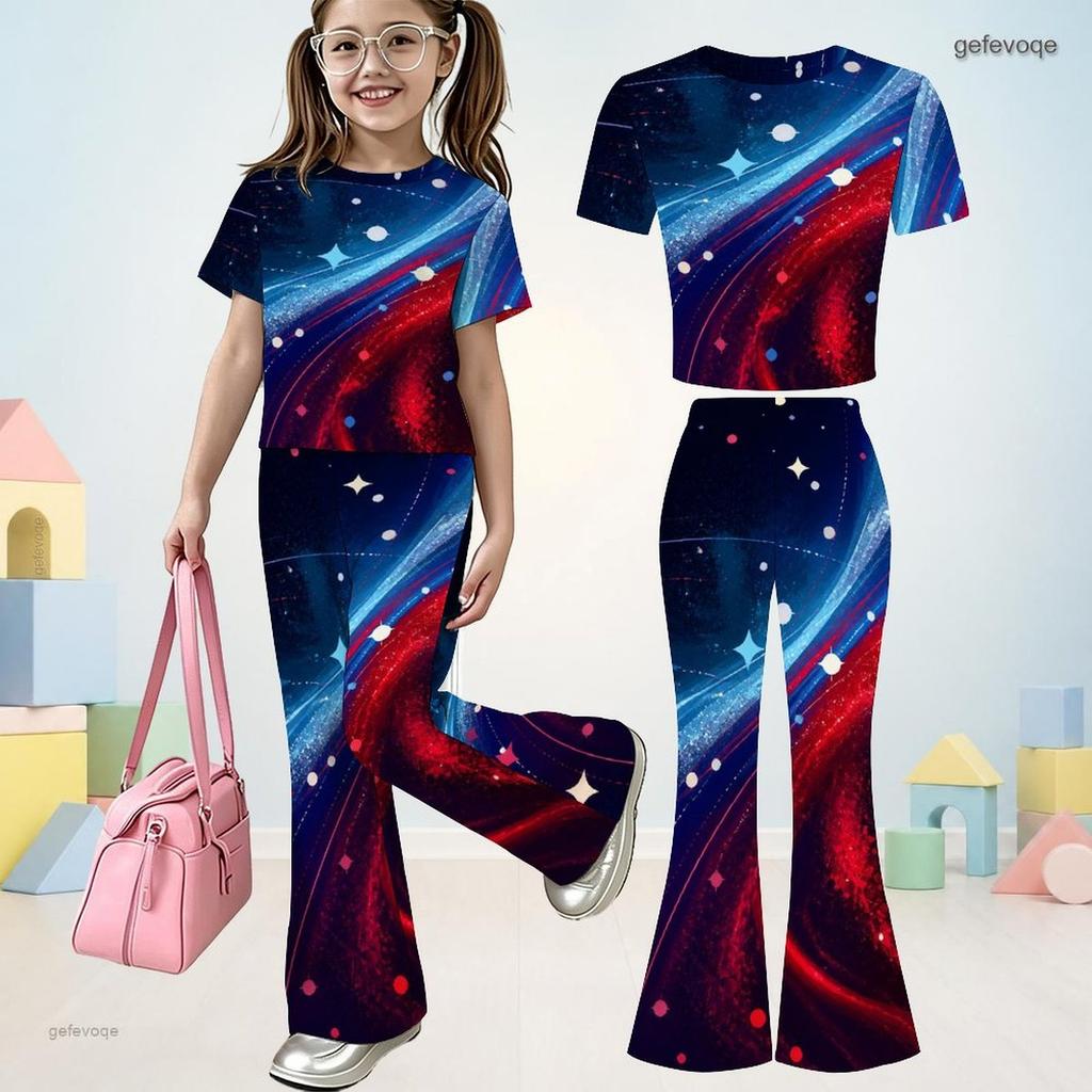 Girls Round Neck Short Sleeve Dark Blue Printed Top Flared Pants Two Piece Set