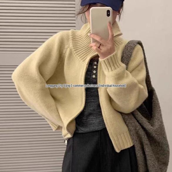 Women's Korean Style Stand Collar Double Zipper Knit Cardigan