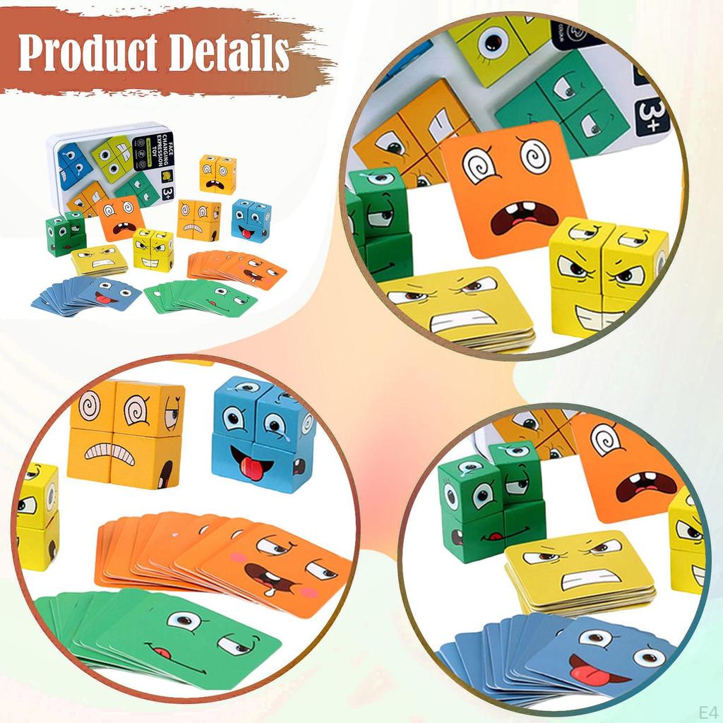 16 Pieces Puzzle Building Blocks Expression Wooden Face Changing Cube Game Pattern Matching Board