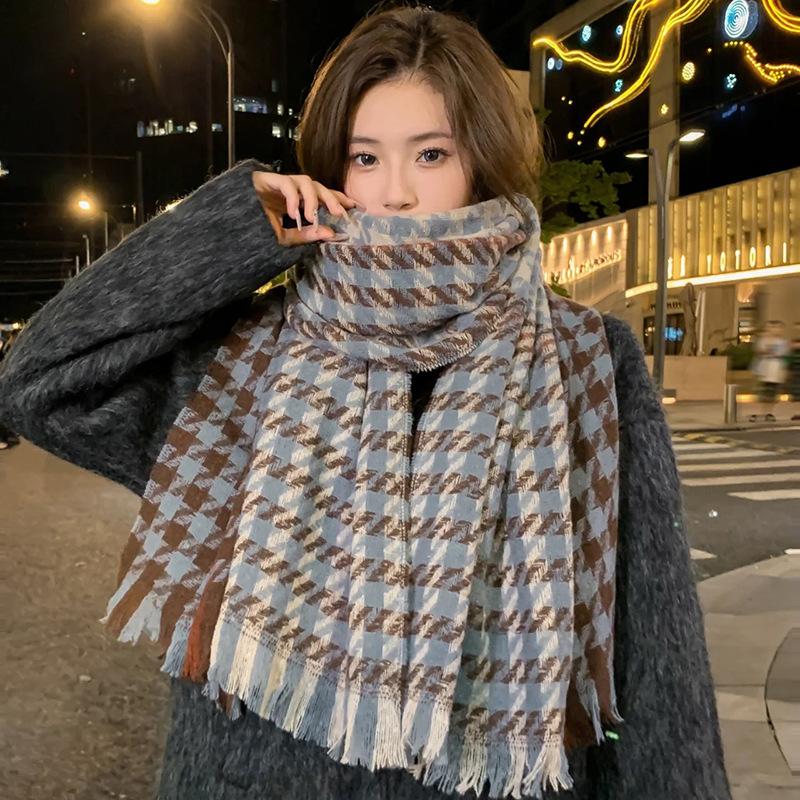 New Contrasting Color Thousand Birds Plaid Scarf Women's Winter Senior Feeling Imitation Cashmere Korean Atmosphere Student Shawl Scarf