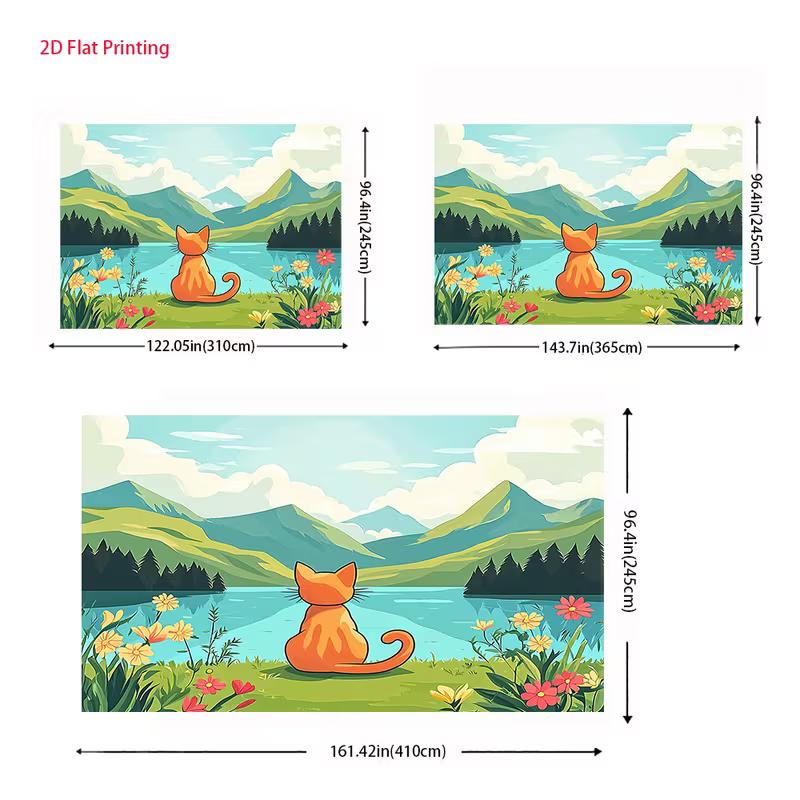 2D Orange Cat Watching Mountain Lake Tapestry Cartoon Nature Wall Hanging