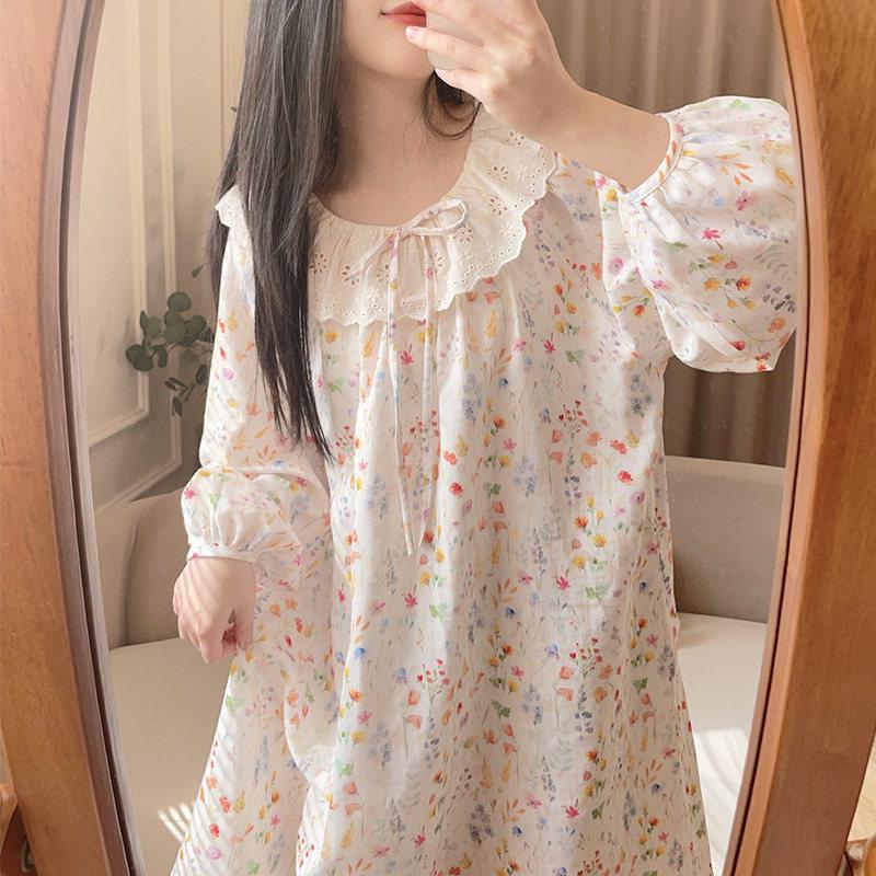 Women's Cloud Cotton Midi Pajama Dress - Fresh Lace, One Size, for Spring & Autumn