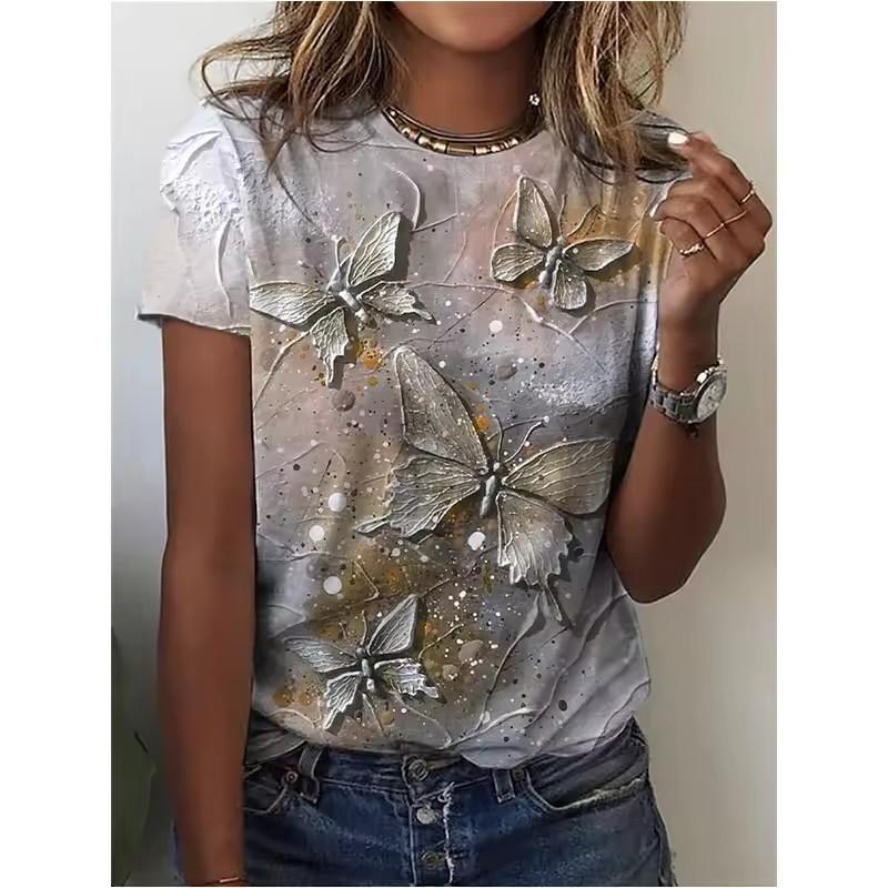 Summer Round Neck Women's T-shirt Fashion Splash Ink Flower 3D Printed Top Comfortable Loose Short Sleeve T-shirt