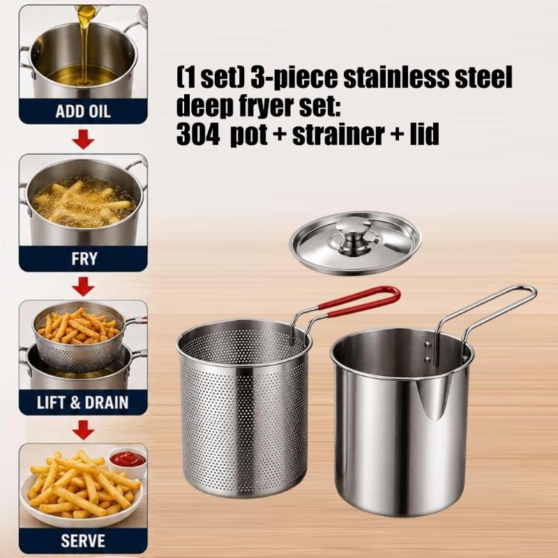 Type 304 Steel Stovetop Frying Saucepan Set with Removable Perforated Basket, Lid, and Narrow Deep Shape for Frying Modest Servings and Draining