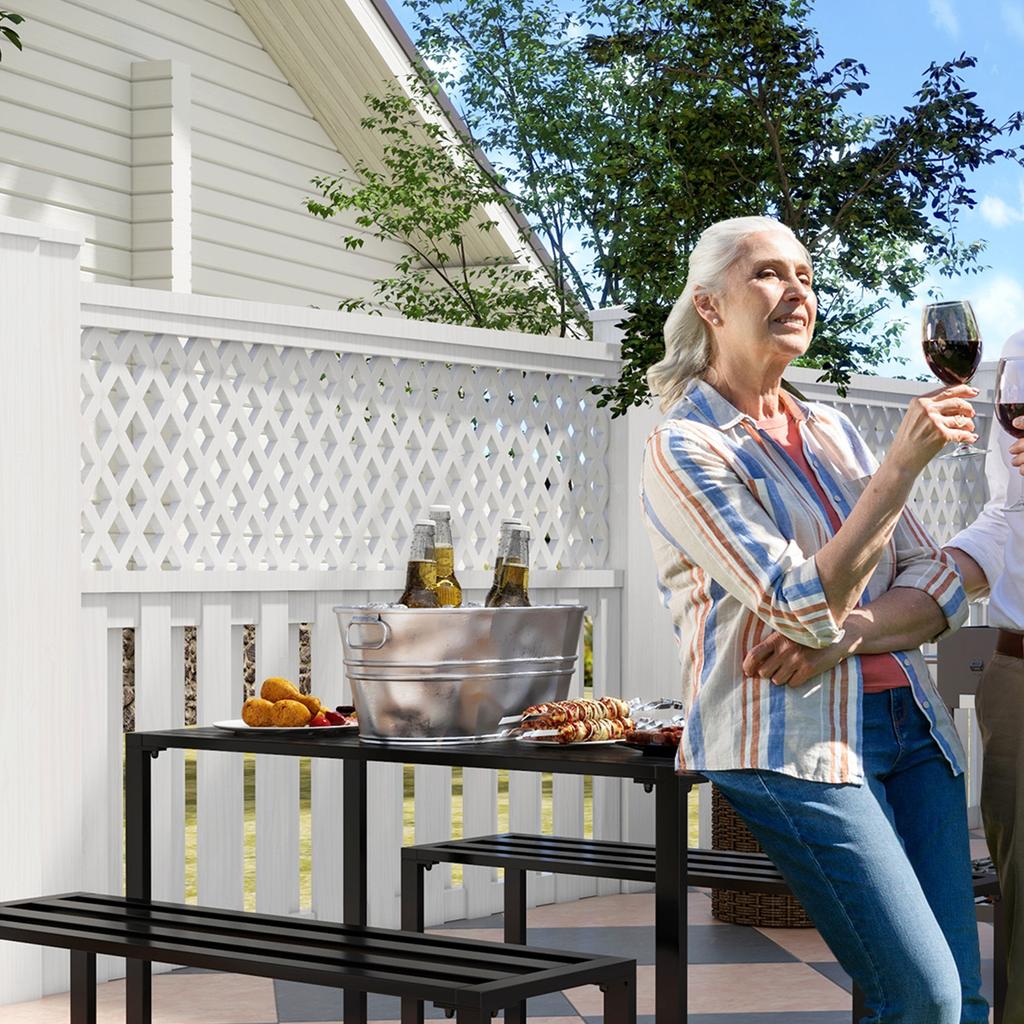 Garden Set for 4 People, 1 Table & 2 Benches, Metal, Black
