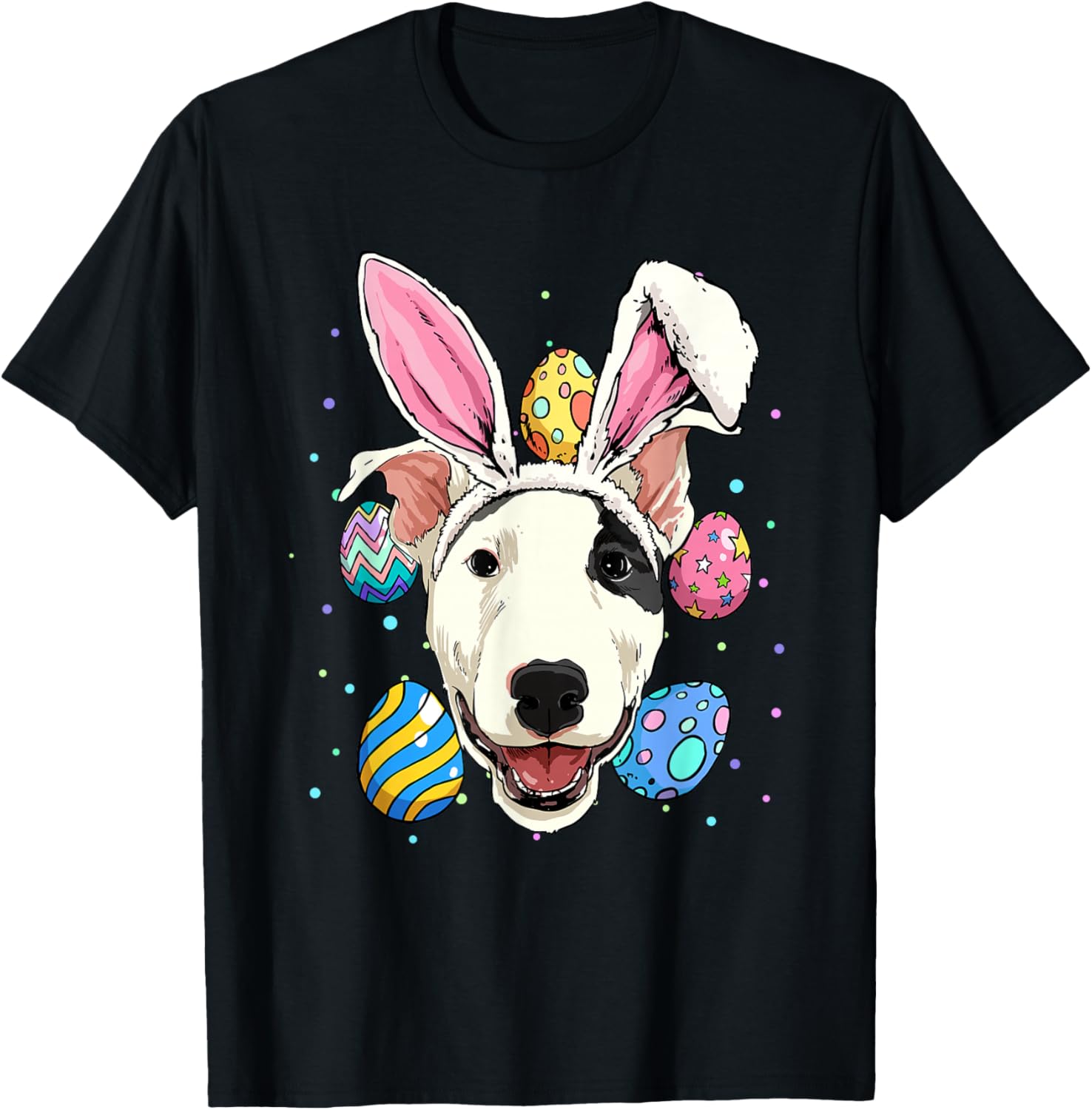 

Bull Terrier Easter Bunny Dog Graphic Tee Short Sleeve Crewneck Cotton T-Shirt for Men Women 4XL