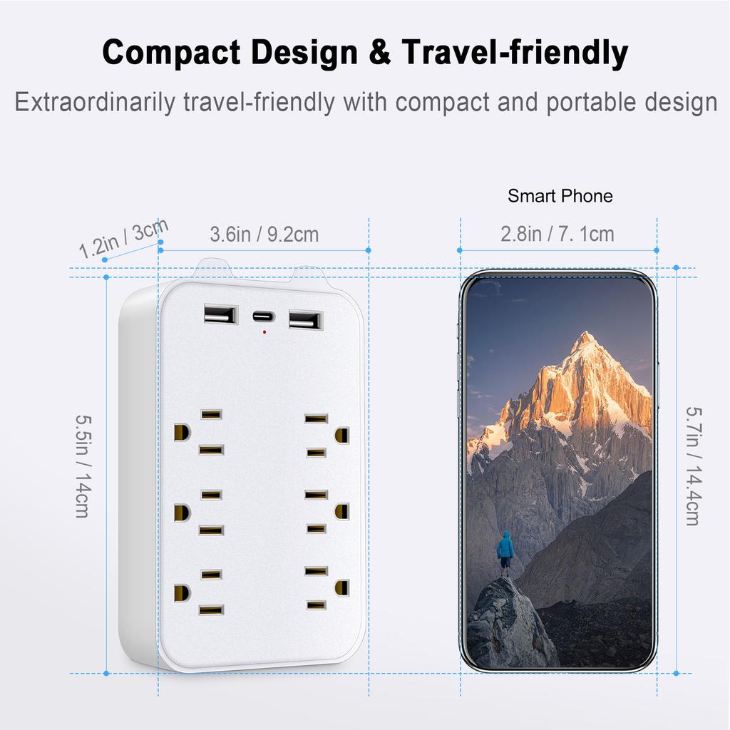 9 in 1 Surge Protector 6 Outlet Extender with 2 USB & 1 USB C Ports Power Strip Multi Plug Outlets Wall Adapter Spaced