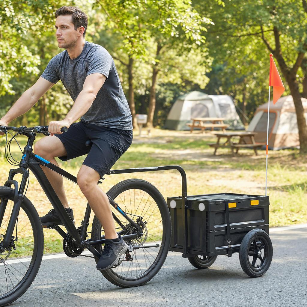 Bike Trailer Cargo Cart, Folding, Plastic Box, 65 L, 145 x 51.5 x 72 cm, Black