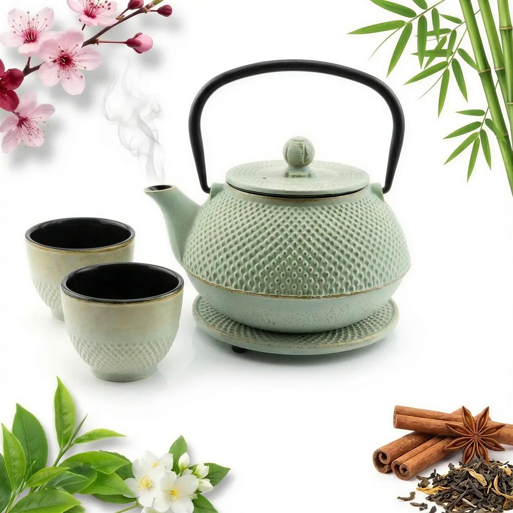 CAST IRON KETTLE POT MINT 0.8L SET 1x POT 2x CUPS WITH STAND