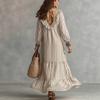 Vacation Casual Style Vertical Striped Medium and Long Dress V-neck Ruffle Edge Splicing Loose and Thin Long-sleeved Elegant Dress