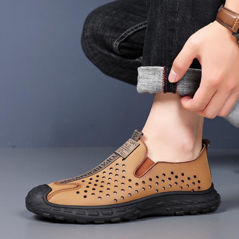 Fashion 2024 Summer New Designer Men's Leather Sandals Business Casual Hollow Out Loafers Male Breathable Lazy Bean Shoes for Man