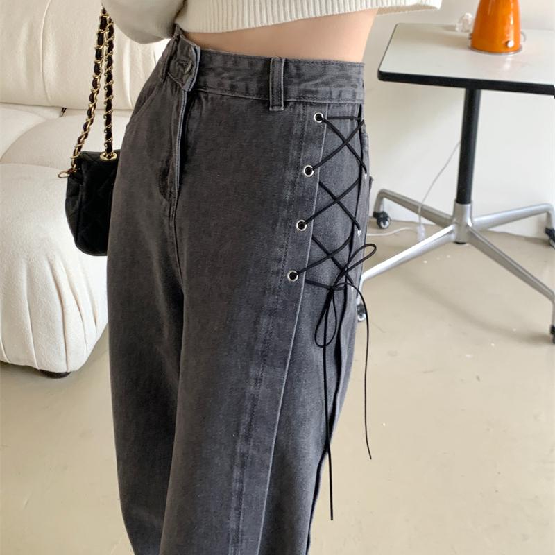 Autumn Spring Jeans Women Denim Pant  Vintage Straight Trousers Fashion Female Solid Lace Up Loose Casual Wide Leg Pants