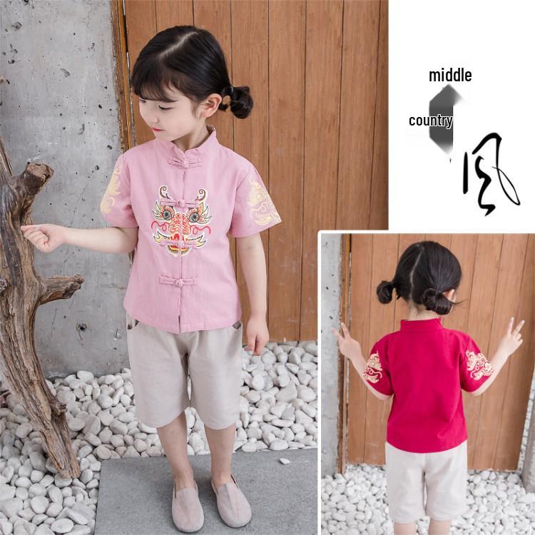 Kinder Baumwoll-Leinen Hanfu Set: Kurzarm & Shorts, Tang-Anzug Antikes Kostüm für Jungen & Mädchen - Zweiteiliges Performance-Outfit