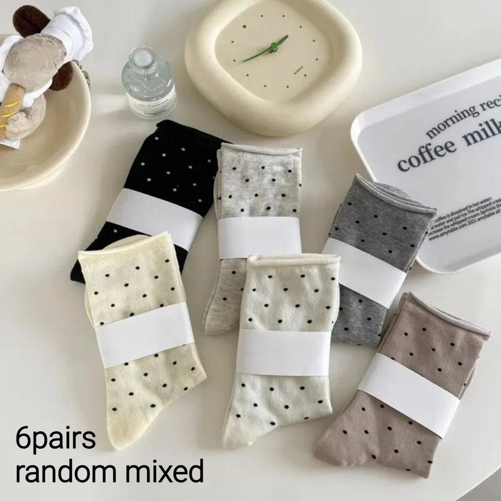 Women's Spring Summer Thin Vintage Cream Curled-edge Polka Dot Mid-tube Socks Uses For Artistic Socks Women's Clothing
