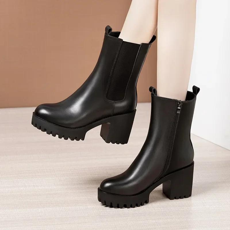 

8cm Small Size 32-43 Elegant Block High Heels Shoes Genuine Leather Boots Winter 2025 Womens Thick Bottom Platform Snow Boots 32