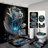 Mystical Blue Rose Fantasy Bathroom Set - Waterproof Shower Curtain, Elegant Toilet Lid Cover, Soft Bath Mat, and Contour Mat