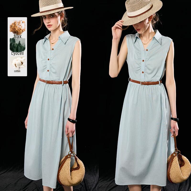 Women s Summer Cotton Tencel Linen V-Neck Sleeveless Belted Dress L