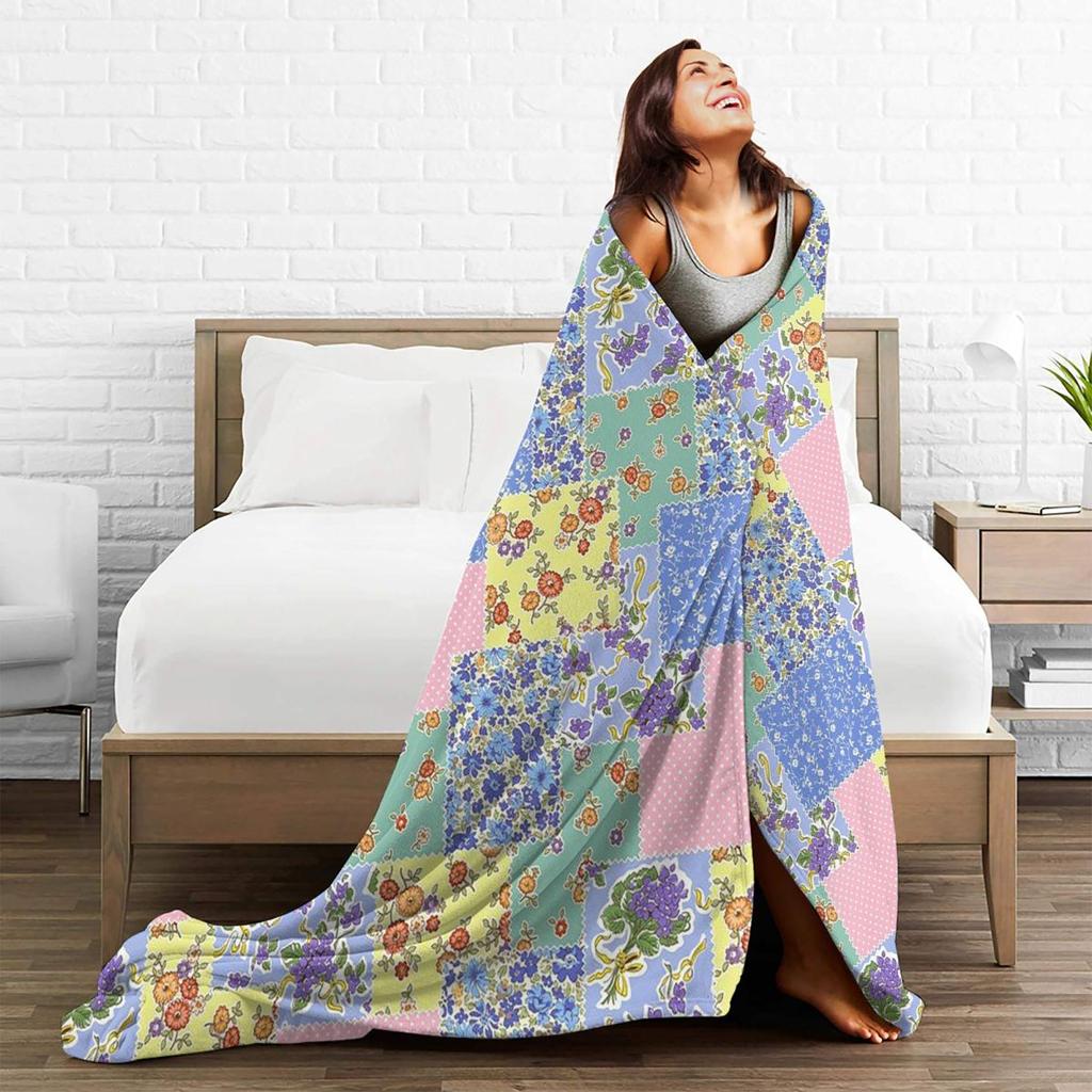 Patchwork Quilt By Tea With Xanthe Blanket Soft Warm Flannel Throw Blanket Plush for Bed Living Room Picnic Travel Home Sofa