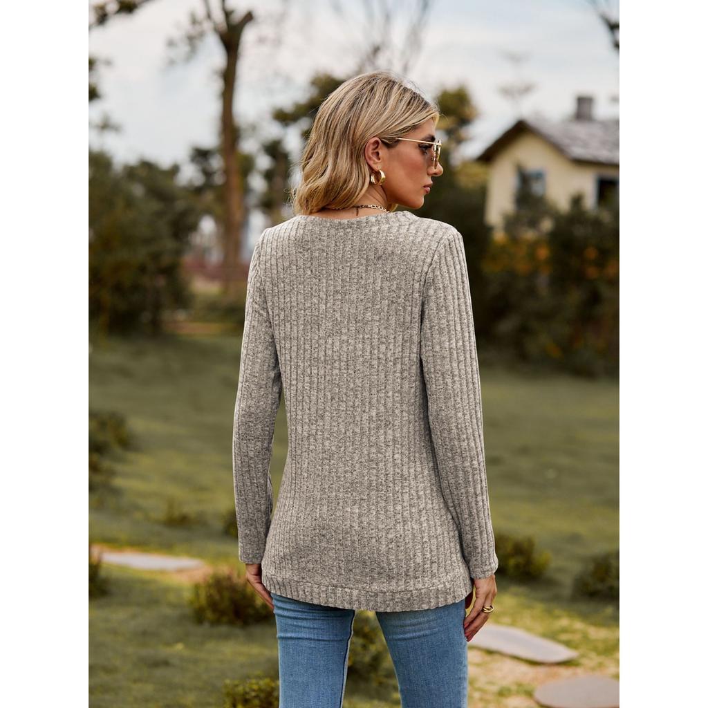 GMXIA Autumn Women's V-neck Wool Pit Strip Solid Color Top Long Sleeve T-shirt