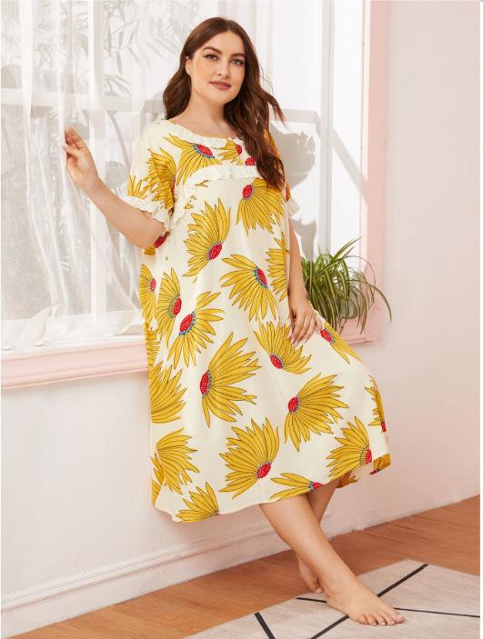 Yaz kadın Yuvarlak Boyun Loungewear Gevşek Yumuşak ve Rahat Pijama Uzun Elbise Baskılı Dantel Patchwork Kısa Kollu Ev Gecelik