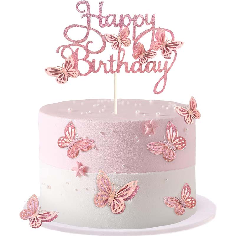 13 Stück Rosa Schmetterling Kuchen Topper Happy Birthday Kuchen Topper 3D Schmetterlingsdekorationen für Mädchen Shower Geburtstagstortendekorationen