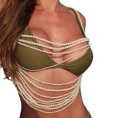 Pearls Body Chain Bra Multilayer Pearls Chest Chains Body Accessories Jewelry for Women Girls Nightclub Raves Body Jewel