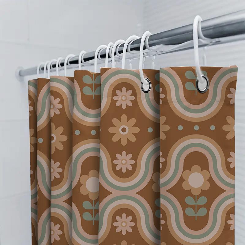 Unique Retro Floral Shower Curtain with Wavy Patterns Perfect for Bathroom Decor!