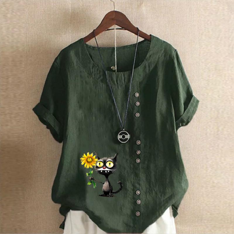 Women's Fashion Sunflower Black Cat Prined Short Sleeve T-shirt Loose Cotton Shirt Casual Loose Summer Blouse Tops Plus Size