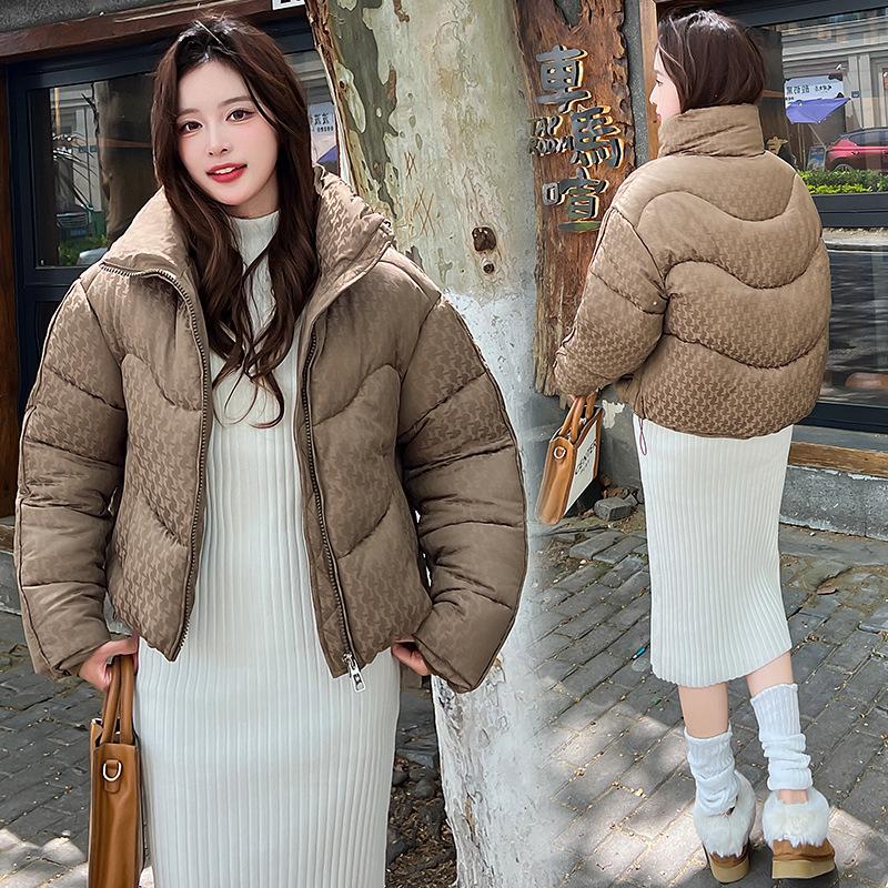 Women’s Short Stand Collar Houndstooth Windproof Thicken Warm Winter Jacket